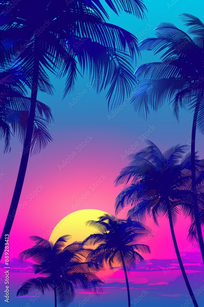 With copy space, silhouettes of palm trees on a summer beach With copy space, silhouettes of palm trees on a summer beach