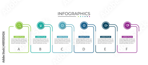 Thin line process business infographic with square template. Process timeline with 6 options