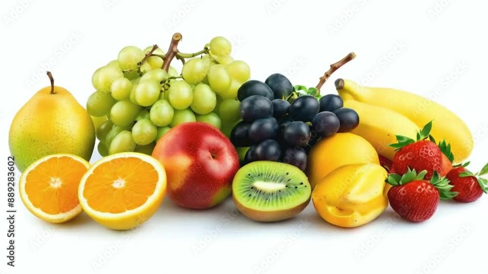 Close up of heap of fruit, isolated on white. Concept of healthy eating and dieting lifestyle. Generative AI.