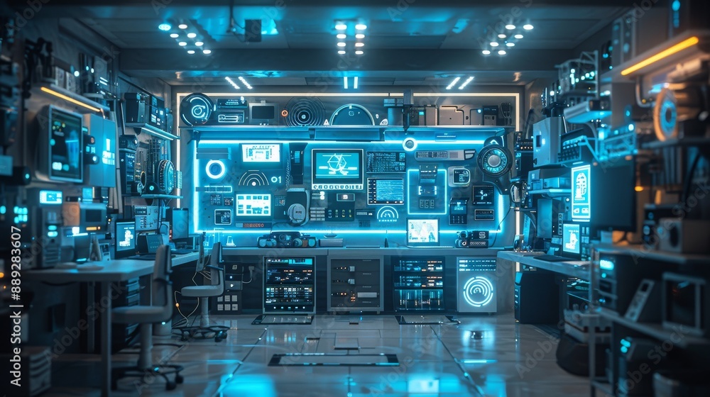 Fototapeta premium Immersive Smart Home Concept Illustrating the Internet of Things with Connected Devices and Appliances, Captured from a Low Angle with a Wide-Angle Lens