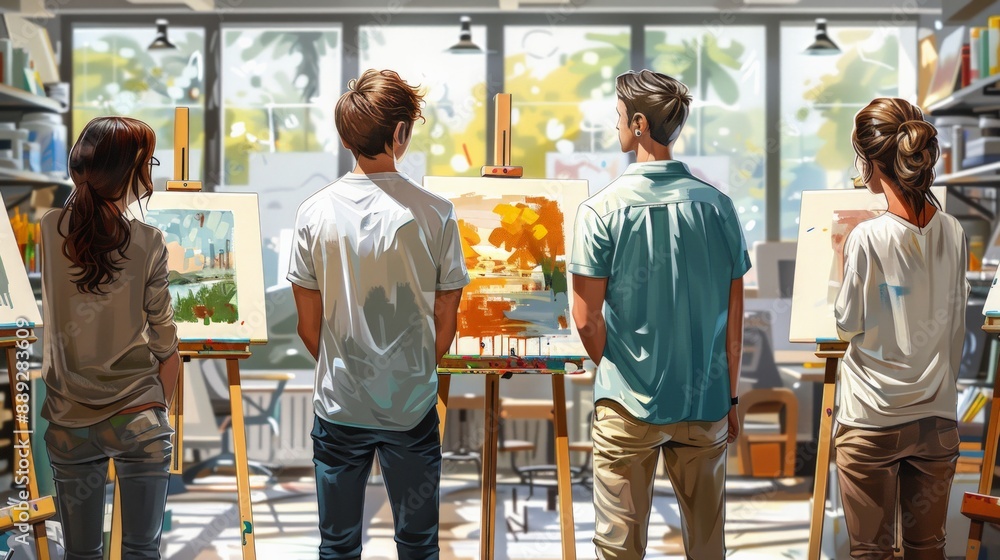 Creative Art Studio: Illustrate a creative art studio with easels, paints, and artists at work, reflecting a vibrant and artistic lifestyle.