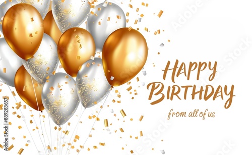 Happy birthday card with golden and silver balloons, confetti and text 