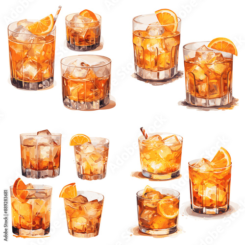 A set of six glasses of various drinks, including a glass of orange juice