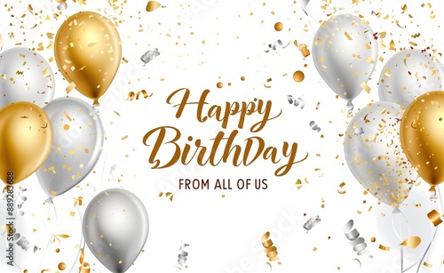 Happy birthday card with golden and silver balloons, confetti decoration on white background