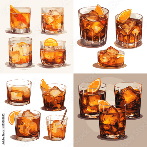 A set of six glasses of various drinks, including a glass of orange juice