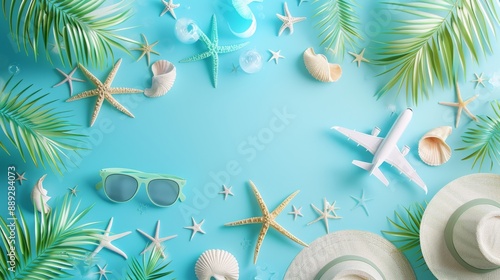 An image of tropical plants, a straw hat, sunglasses, seashells, and plumeria flowers set against a vibrant blue background.