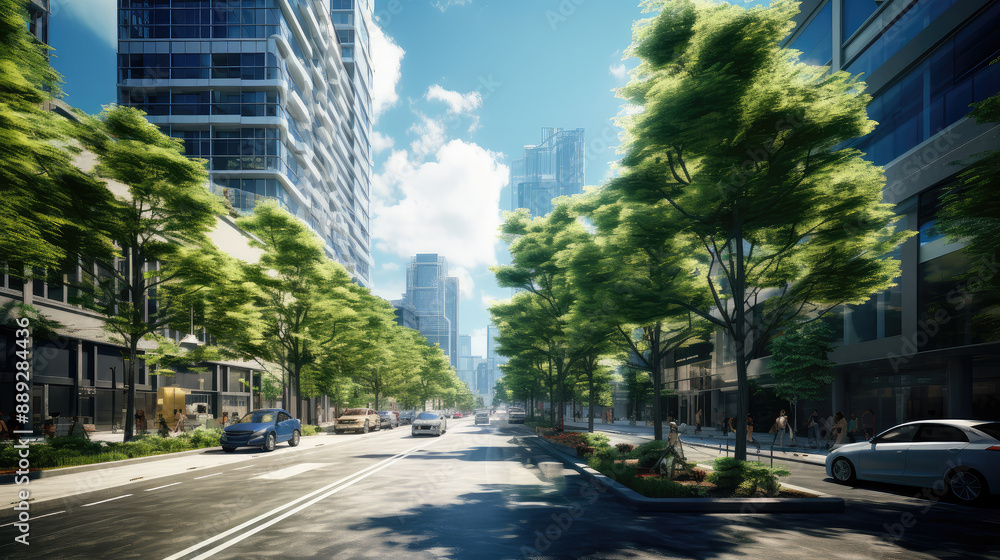 Modern Urban Street with Green Trees Modern Urban Street with Green Trees