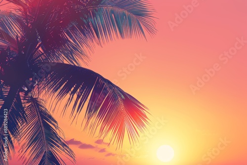 An open composition with a golden tropical sunset with a dark silhouette of coconut palm trees. Retro style creative design concept.