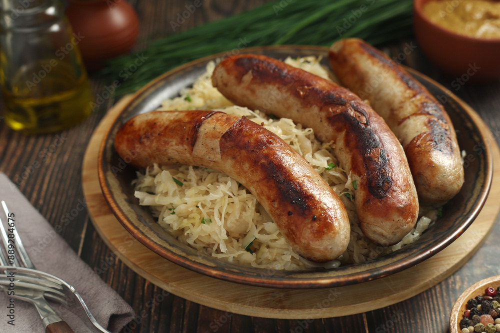 A bowl with Bratwurst and Sauerkraut as side dish - traditional German food A bowl with Bratwurst and Sauerkraut as side dish - traditional German food