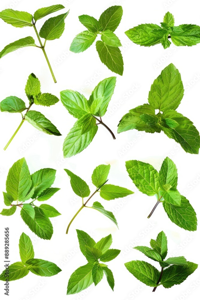 Close-up of green leaves on a white surface Close-up of green leaves on a white surface