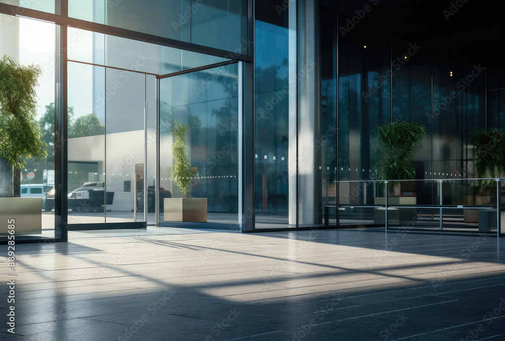 Contemporary Office Building Entrance in Sunlight and Shadows Contemporary Office Building Entrance in Sunlight and Shadows