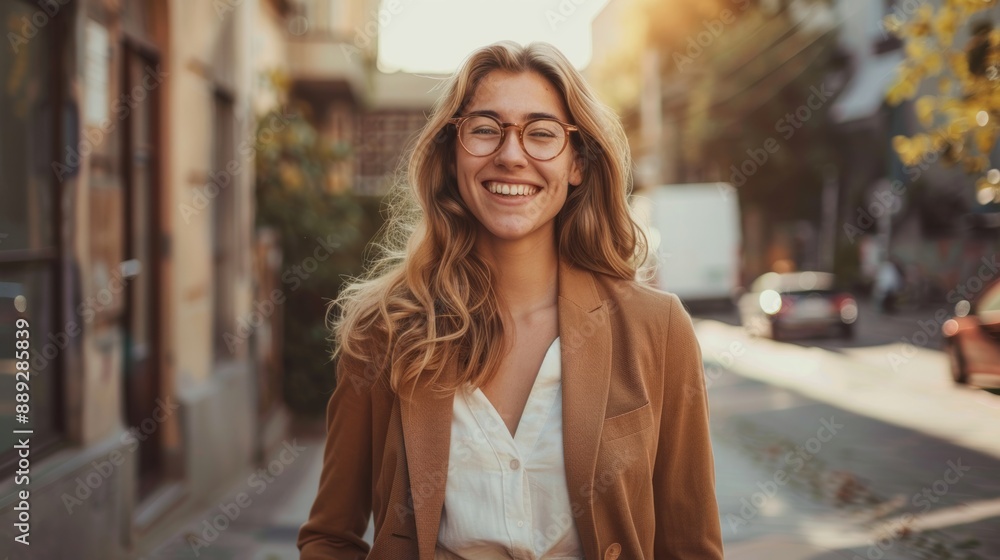 Photo of a smiling, happy professional business woman. Positively confident female entrepreneur standing outdoors on the street in a bag, looking at the camera Photo of a smiling, happy professional business woman. Positively confident female entrepreneur standing outdoors on the street in a bag, looking at the camera