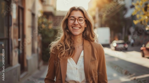 Wallpaper Mural Photo of a smiling, happy professional business woman. Positively confident female entrepreneur standing outdoors on the street in a bag, looking at the camera Torontodigital.ca