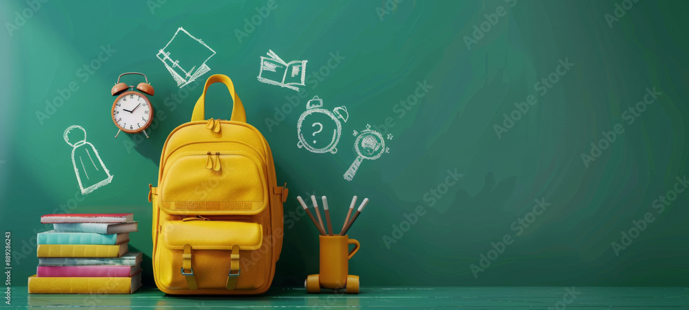 Yellow backpack and school supplies on a desk with a green chalkboard background, highlighting back-to-school essentials.
Yellow backpack and school supplies on a desk with a green chalkboard background, highlighting back-to-school essentials.