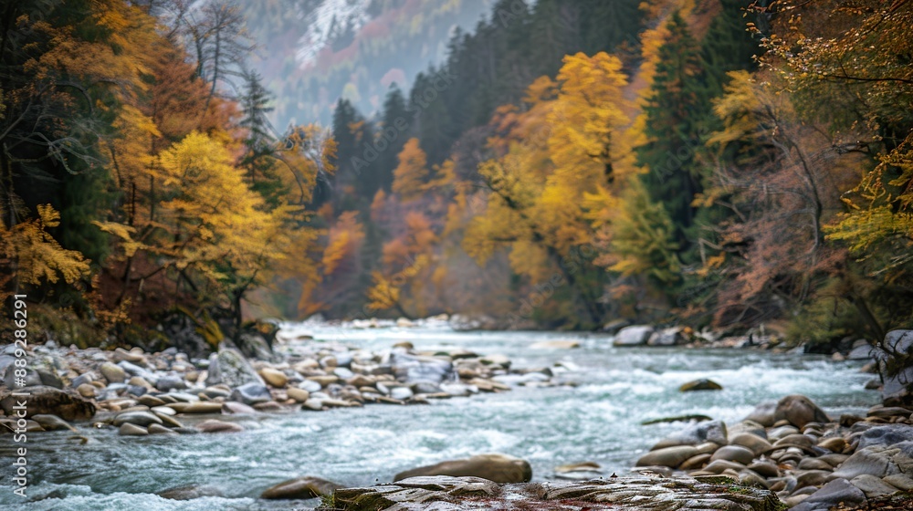 Mountain river in autumn forest. Nature landscape, hiking, rafting background Mountain river in autumn forest. Nature landscape, hiking, rafting background