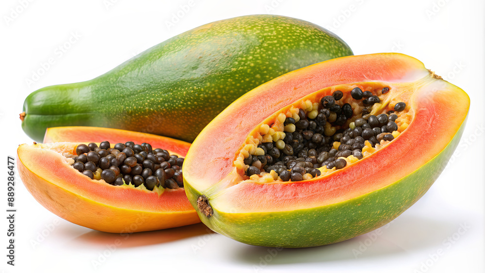 Three ripe papaya fruits, one whole and two halved, lie on a white surface, revealing the orange flesh and black seeds Three ripe papaya fruits, one whole and two halved, lie on a white surface, revealing the orange flesh and black seeds