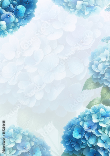 Invitation card with hydrangeas - Vertical card or cover in blank with soft hydrangea texture and blue hydrangea flower borders