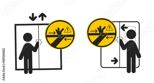 Bundle set pictogram sign hand pinch risk on closing door, for lift, elevator, bus, train, gate, door label 
