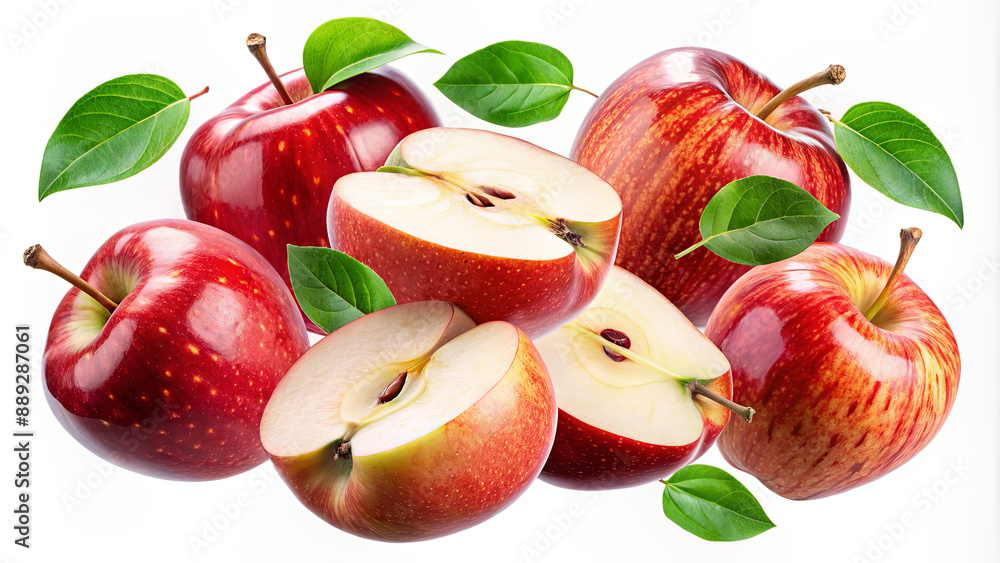 A group of red apples, some sliced in half, with green leaves on a white background