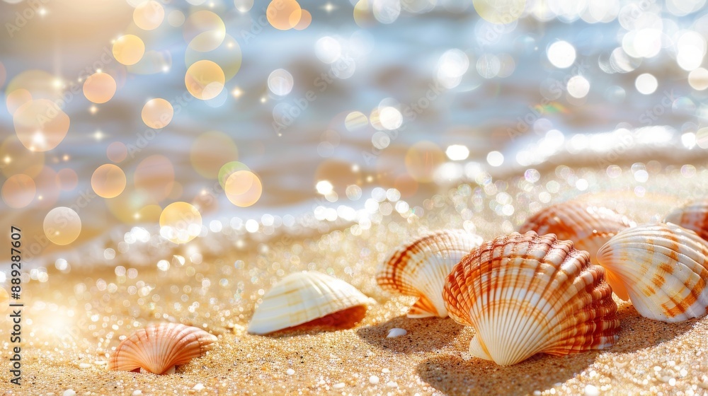A beautiful summer background with a seashell, a sandy beach, and a blue sea. This is a vacation concept. A beautiful summer background with a seashell, a sandy beach, and a blue sea. This is a vacation concept.