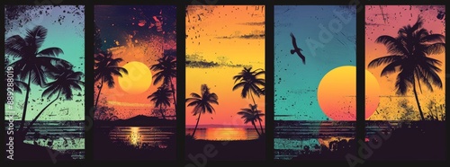 The collection of summer templates include colorful banners with palms and seascapes. Brochures, posters, flyers, party invitations with palms, sea, clouds and sky.