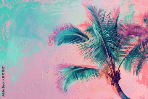 Abstract mint and green holographic neon colored palm leaves on pink background with interlaced digital Motion glitch effect. Retro themed 90s night club summer party flyer template.