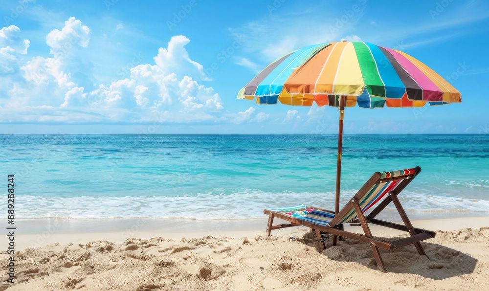 Fototapeta premium Colorful Striped Beach Umbrella and Lounge Chair on Sandy Beach. High-Resolution 4K Wallpaper Showcasing a Healthy Lifestyle, Summer Seaside Vacation Paradise, and Road Trip Adventure