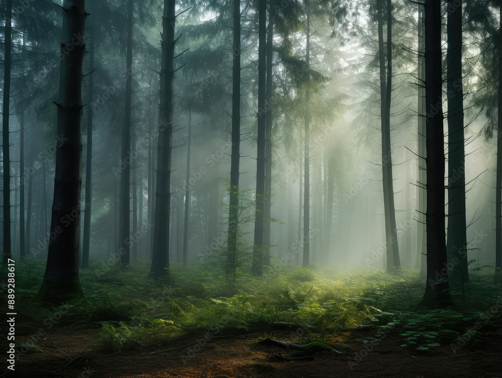 Fototapeta premium Enchanting Misty Forest Morning Landscape