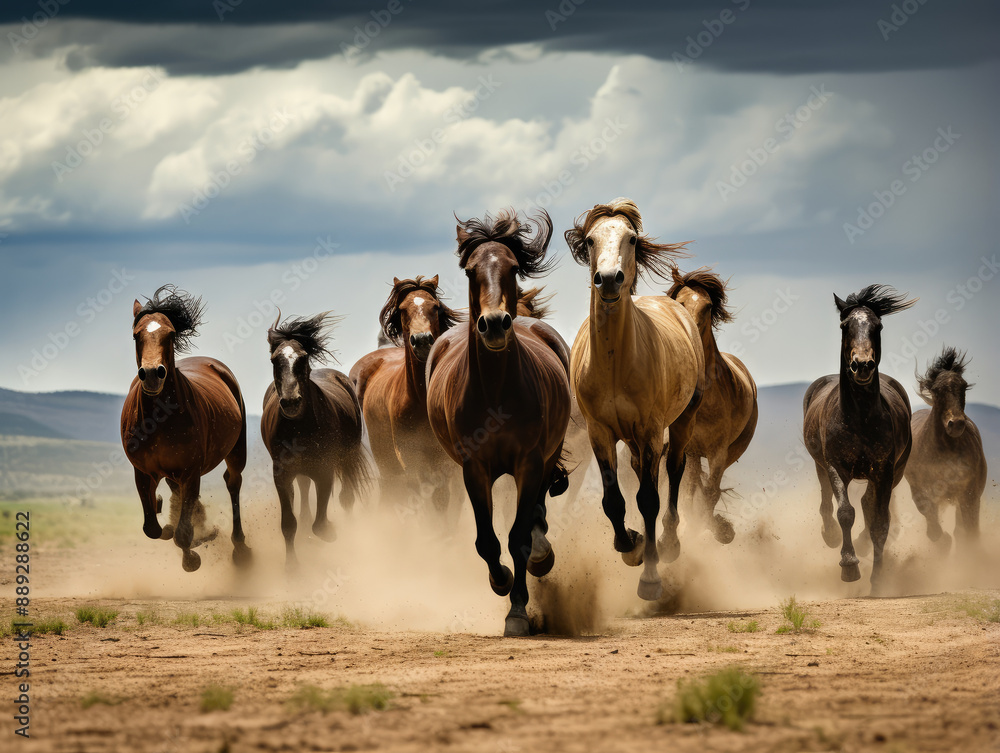 Obraz premium Majestic Herd of Horses Galloping Across the Plains