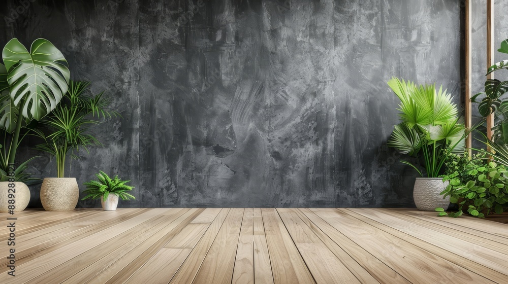 The background is green leaves with space for text in an empty room. The background is green leaves with space for text in an empty room.