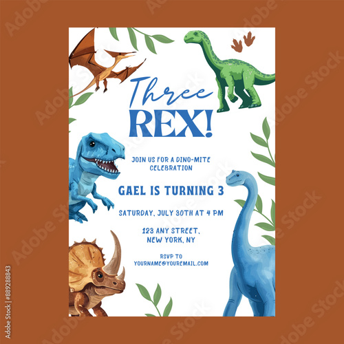 Dinosaur Three Rex Greenery Invitation