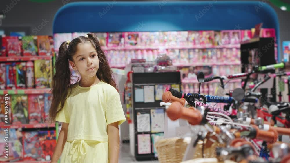 A little girl in a toy store is surrounded by dolls, bikes, and colorful items, creating an ambiance of joy and curiosity. Girl chooses a bicycle with a basket A little girl in a toy store is surrounded by dolls, bikes, and colorful items, creating an ambiance of joy and curiosity. Girl chooses a bicycle with a basket