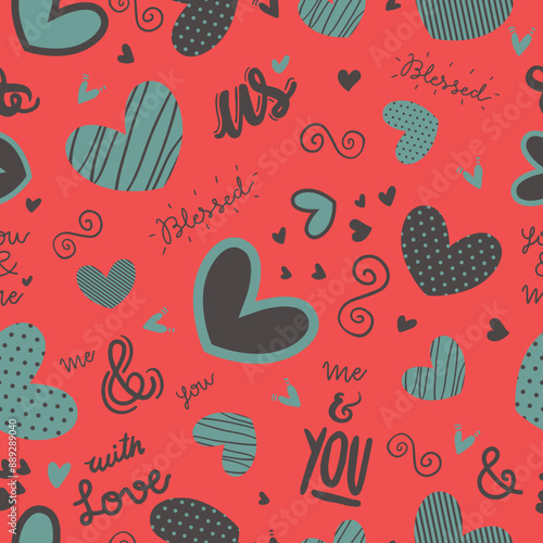 Cute doodle style hearts seamless vector pattern.  Handwritten background. Marker drawn different heart shapes and silhouettes. Hand drawn ornament. 