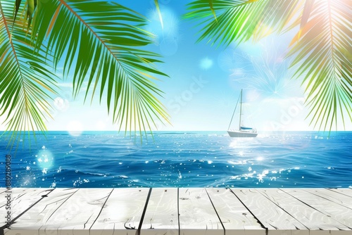 Tropical beach with a sailboat. Modern illustration.