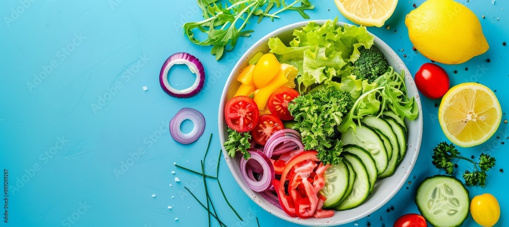 A colorful salad bowl filled with fresh vegetables in front of a vibrant green background. A colorful salad bowl filled with fresh vegetables in front of a vibrant green background.