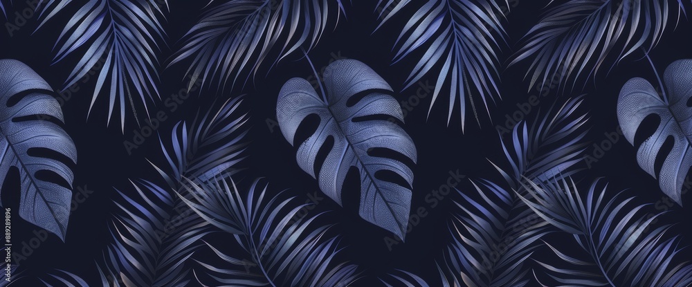 The design is based on the mystical tropical background with monstera and palm leaves. Botanical postcard, cover design, wallpaper. The design is based on the mystical tropical background with monstera and palm leaves. Botanical postcard, cover design, wallpaper.