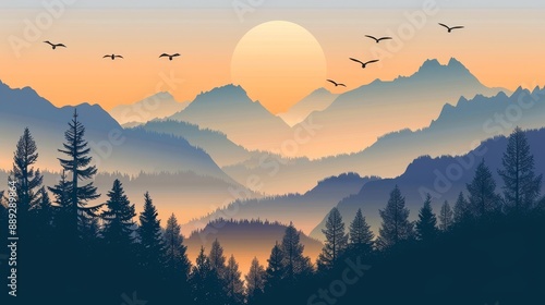 This illustration depicts a mountain landscape at sunset in a modern style