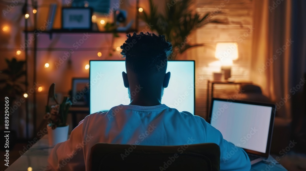 Over shoulder shot of a man using computer laptop in front of an blank white computer screen Over shoulder shot of a man using computer laptop in front of an blank white computer screen