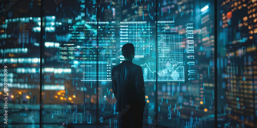 Businessman analyzing futuristic holographic user interface data in modern office Businessman analyzing futuristic holographic user interface data in modern office