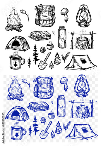 Hiking, travel. tourism, outdoor set of vector objects, hand drawn sketch, fire, tent, backpack, thermos