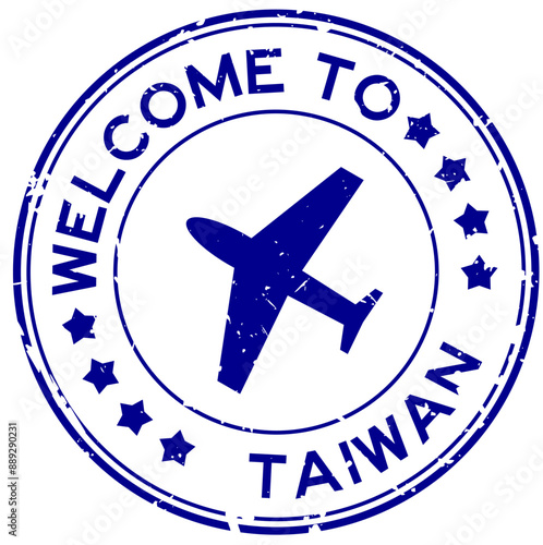 Grunge blue welcome to taiwan with airplane icon round rubber seal stamp on white background