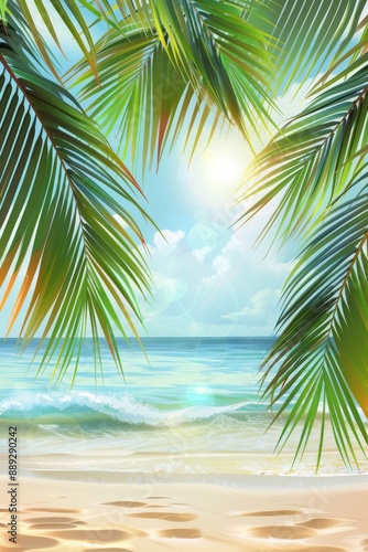 An illustration with the sun and a palm tree on a sunny beach in front of the blue ocean.