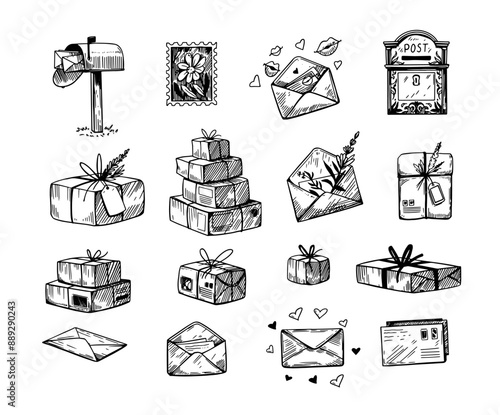 Mail, letters, parcels sketch, doodle set hand drawing, vector illustration