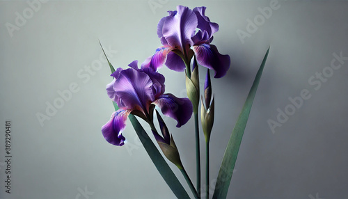 この画像は、2輪の紫色のアイリスの花が咲いている様子を捉えています。花びらは繊細で美しい色合いを持ち、背景はシンプルなグレーで花の鮮やかさが際立っています。つぼみも含まれており、自然の優雅さと静けさが感じられます。generative AI