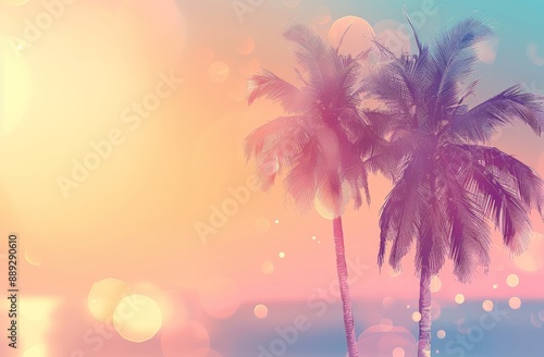 Stunning tropical palm tree with colorful sunlight from bokeh light on a sunset sky cloud abstract background.