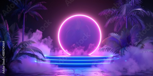 Synthware , retrowave , vaporwave background with neon glow. Futuristic landscape with palm trees.