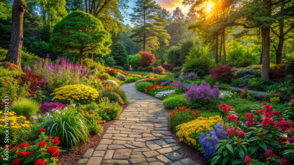 Serene atmosphere surrounds a winding stone pathway lined with vibrant greenery, colorful flowers, and towering trees, inviting exploration in a tranquil natural setting. Serene atmosphere surrounds a winding stone pathway lined with vibrant greenery, colorful flowers, and towering trees, inviting exploration in a tranquil natural setting.