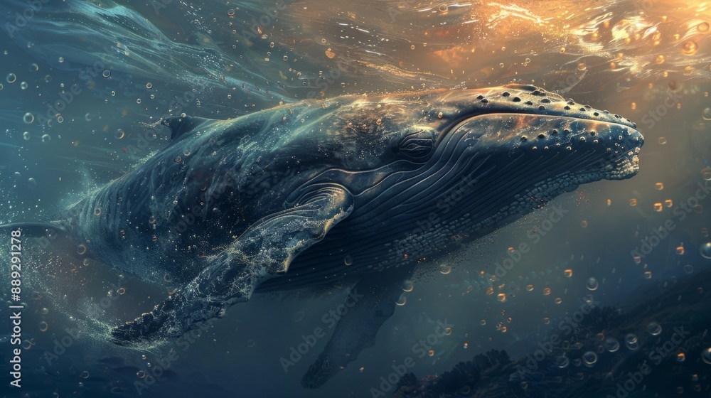 Fototapeta premium whale in its natural habitat, contrast of light on the water and its skin generative ai