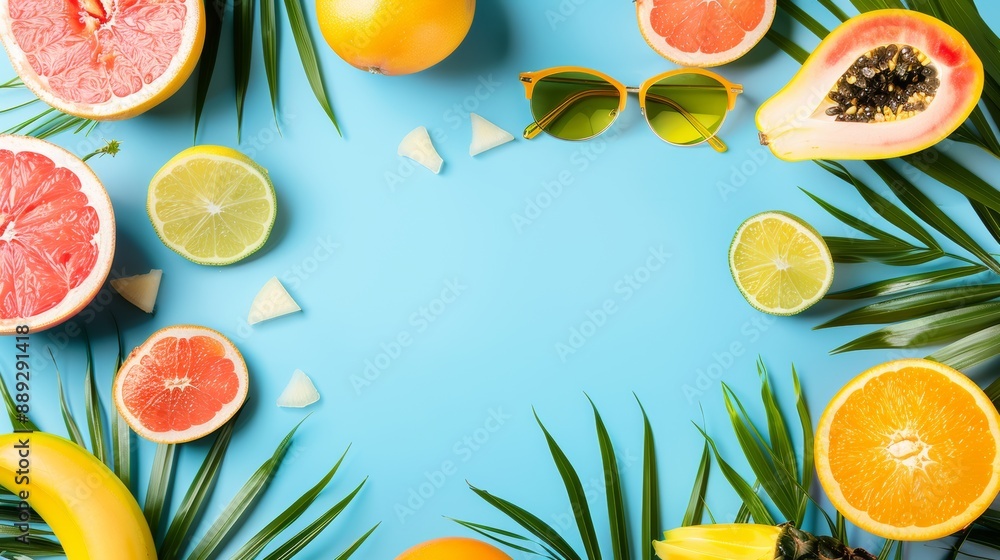 An arranged flat lay of summer essentials, including citrus fruits, sunglasses, and a straw hat, on a bright turquoise background An arranged flat lay of summer essentials, including citrus fruits, sunglasses, and a straw hat, on a bright turquoise background