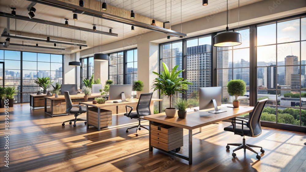 Modern urban office with expansive windows allowing natural light to flood the open concept space, sleek desks, and minimalist decor creating a productive atmosphere. Modern urban office with expansive windows allowing natural light to flood the open concept space, sleek desks, and minimalist decor creating a productive atmosphere.
